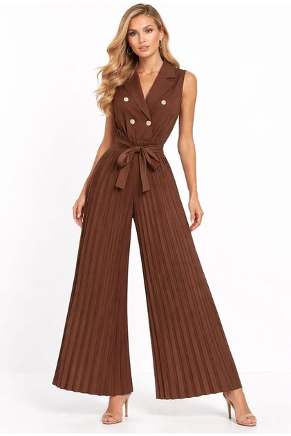Women's Elegant Sleeveless Pleated Wide Leg Jumpsuit with Belt