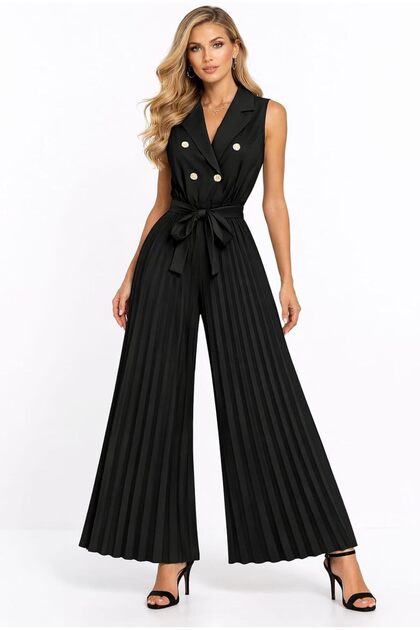 Women's Elegant Sleeveless Pleated Wide Leg Jumpsuit with Belt