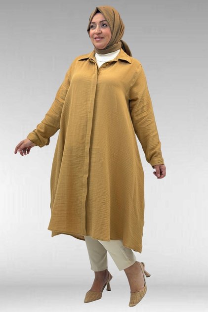 58093 Large Size Mevlana Cut Muslin Shirt - Biscuit
