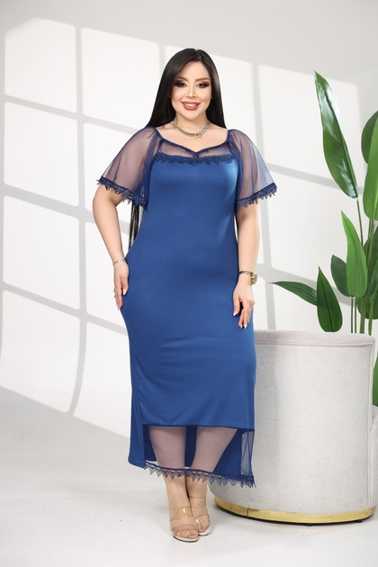 BONTA FASHON Plus Size Tulle Sleeves Midi Stylish and Elegant Tulle  Detailed Women's Stretchy Fabric Dress with Lace Accessories- Trendyol