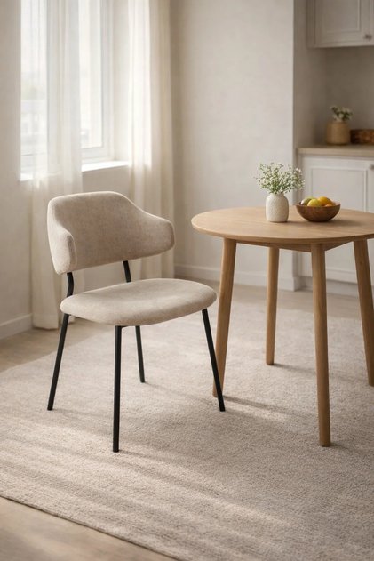 Beige Upholstered Chair with Black Metal Legs, Modern Design beige upholstered chair