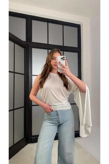 White One-Shoulder Cape Transparent Blouse - 1591
