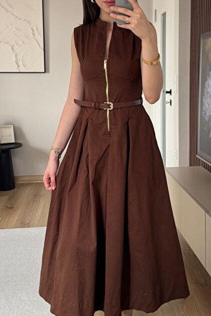 layda Toprak Maxi Brown Zip Detail Belt Li Midi Length Modern Dress-  Trendyol