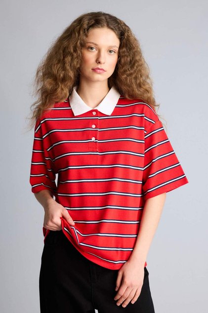 %100 Pamuk Boxy Fit Polo Yaka Kısa Kollu Tişört H1087AX26SP