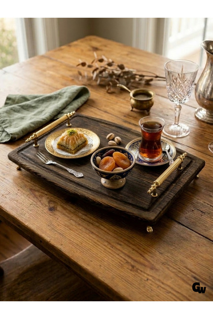 Natural Wood Burning Wood Stand with Stylish Design Serving Tray, Stainless Steel Handle Stand Tray (White Pine)