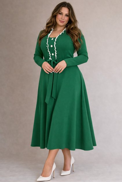 Rochie lungă de zi cu cordon în talie, mâneci lungi și nasturi decorativi – gri / verde