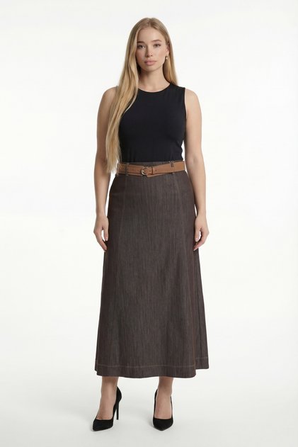 Women's Brown Summer Skirt with Elastic Waist, Pack of Belt Denim Skirts
