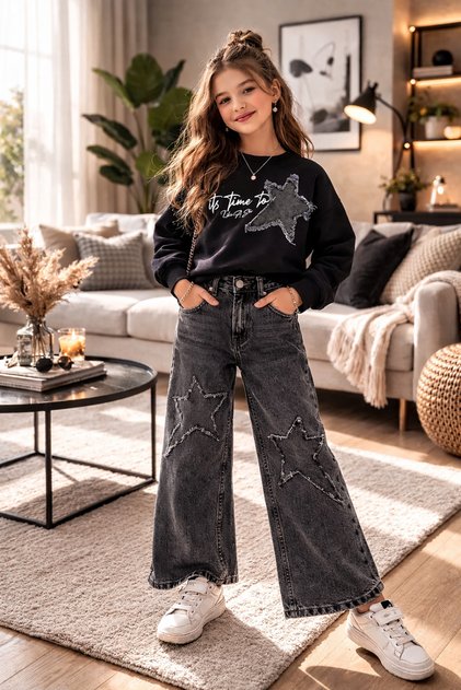 Girl's Star Appliqué Sweatshirt and Jean Pants Set, Star Detailed Wide Leg Pants Combination
