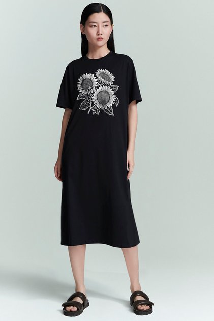 Summer Flowers Black Crew Neck Short Sleeve Combed Cotton Long Dress