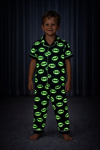 100% Cotton %100 Phosphorescent Night Glowing Bat Patterned Baby Boy Pajama Set