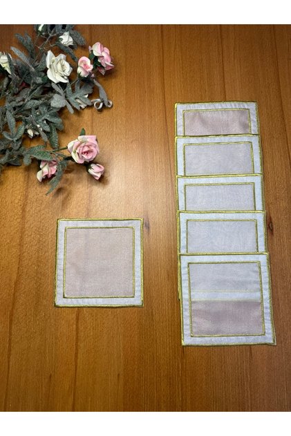 6 Pieces of Organza Tulle Pair Square Gold Color Embroidered Cocktail Presentation Napkins