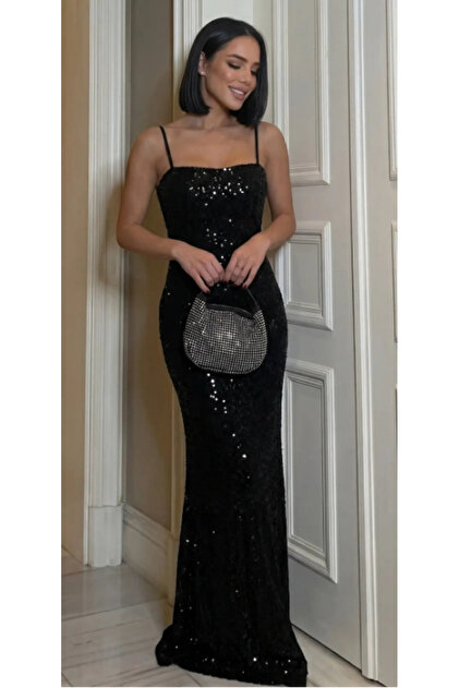 MetuCA Women's Black Rope Strap All-Over Sequin Embroidered Body-Hugging  Fish Model Long Evening Dress- Trendyol
