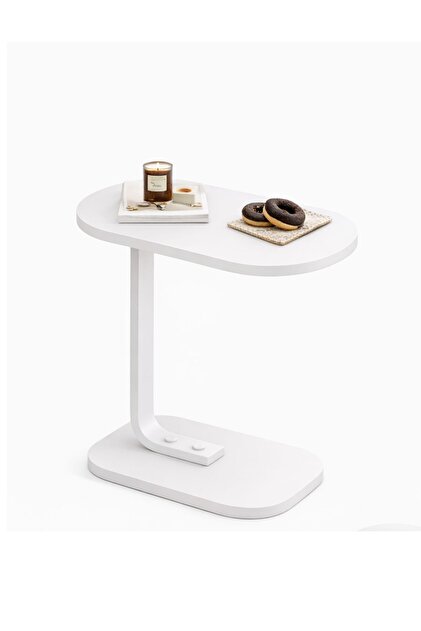 Modern C-Shaped Side Table – White MDF Sofa Side Table with Carbon Steel Frame