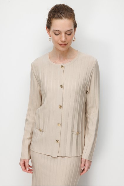 Women's Crew Neck Pleated Short Knitwear Jacket Beige