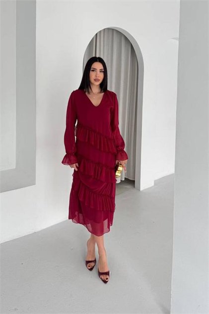 Women's Burgundy V-Neck Layered Ruffle Detail Midi Length Chiffon Dress Nbk079