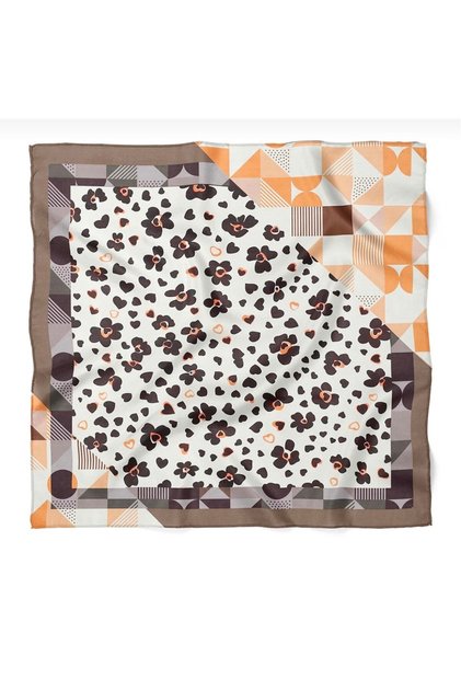 Flower and Heart Patterned Satin Scarf 50X50 cm – Brown Orange Women's Bandana Scarf
