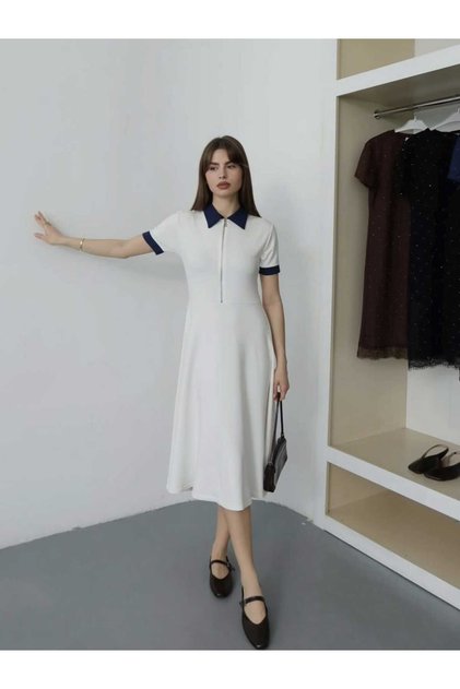 Lunch Lifestyle Women's Polo Collar & Colorful Cuff Half Zipper Long Dress