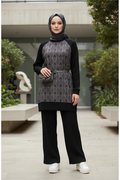 Patterned Tunic Trousers Double Set 2245-02 Anthracite Claret Red