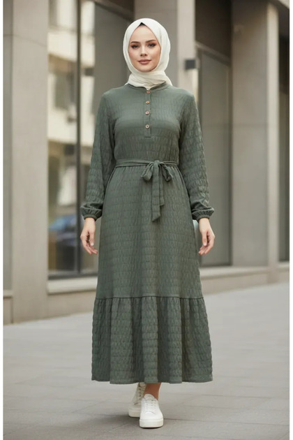 sefamerve Waffle Fabric Elastic Sleeve Dress 2243-04 Light Khaki Green- Trendyol sefamerve Waffle Fabric Elastic Sleeve Dress 2243-04 Light Khaki Green- Trendyol