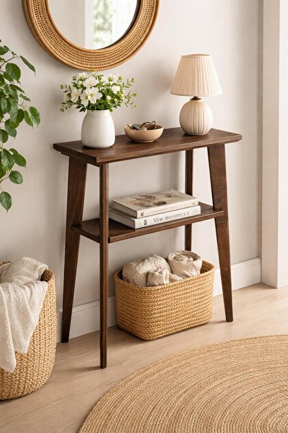 Modern 75x90 Ceviz Dresuar | 2 Raflı Ahşap Konsol Masa | Antre Koridor Salon Dekoratif Dresuar