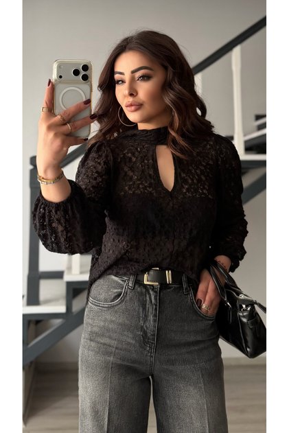 Black lace blouse with tie detail