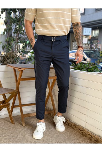 Parachute Fabric Italian Cut K Belt Detail Trousers Navy Blue