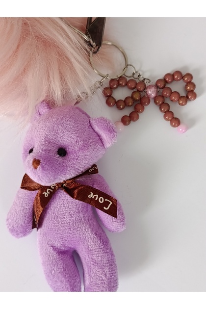 Lilac Plush Teddy Bear & Pink Hairball & Handmade Glass Bead Bow Figured Charm Keychain
