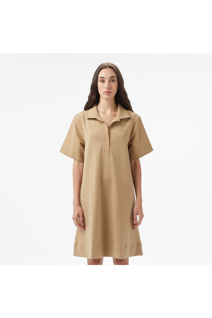 Kadın Relaxed Fit Kısa Kollu Polo Yaka Bej Elbise