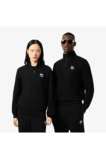 High Neck Zip-Up Print Unisex Black Sweatshirt
