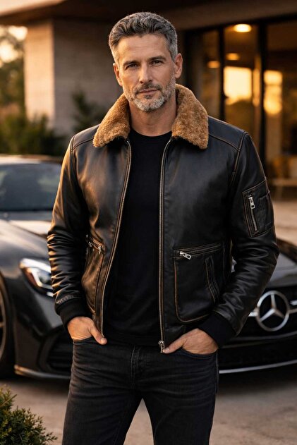 VİAMOD LEATHER Erkek Hakiki Deri Ceket Kürk Yakalı Siyah Premium