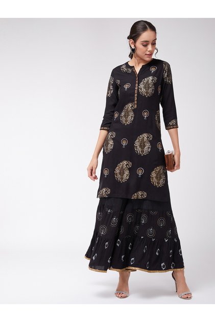 Black Straight Fit Foil Print Kurta and Sharara Co-Ords