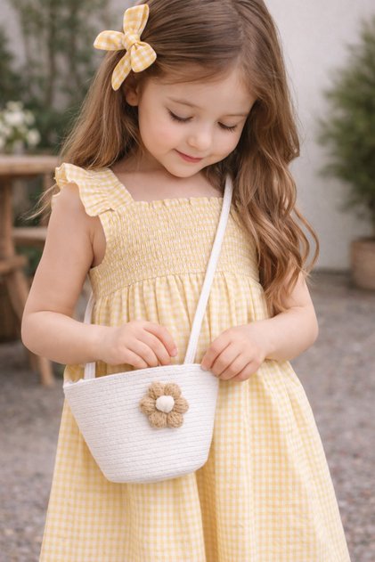 Girl's Knitted Bag Handmade Cotton Thread Children's O Shoulder Bag Flower Detailed Mini Bag