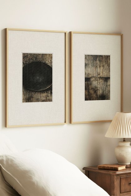 2 Pieces of Vintage Paintings with Natural Wooden Frames, Black Circles and Mirror Themes