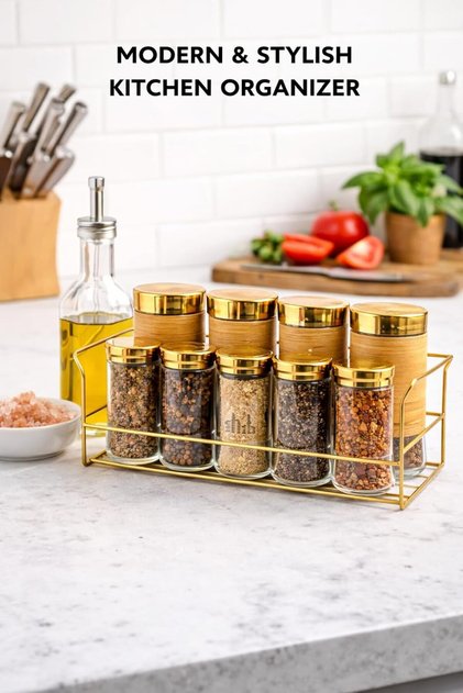 9PCS Glass Condiment Jar Set with Gold Stainless Steel Rack with Pour/Sprinkle Lids