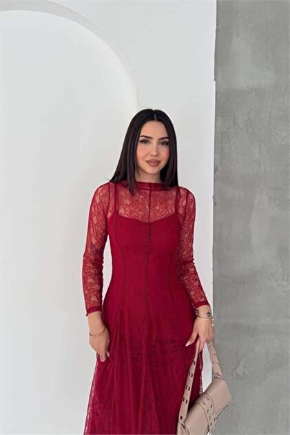 Dipmoda Women's Burgundy Midi Length Sheer Detailed Lined Lace Dress Dpk080- Trendyol Dipmoda Women's Burgundy Midi Length Sheer Detailed Lined Lace Dress Dpk080- Trendyol