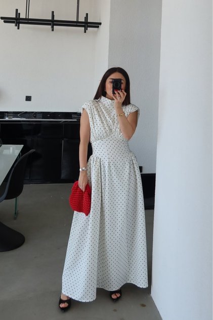 Ecru Padded Shoulders Polka Dot Piece Dress - 2607