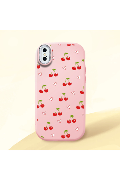 iPhone XS Max Compatible Camera Protected Pink Soft Silicone Phone Case Cherry Patterned