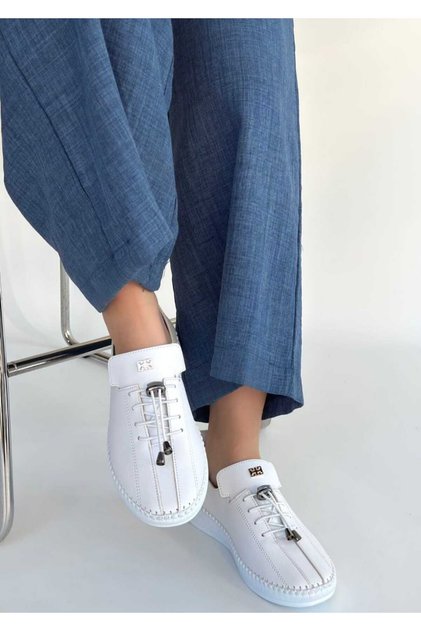 Women's White Leather Rubber Laced Sports Shoes