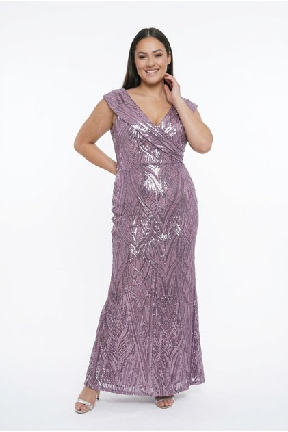 Damenkleid mit V-Ausschnitt vorne und hinten, halbmondförmigen Ärmeln, gefüttert, Übergröße, Pailletten, langes Kleid
