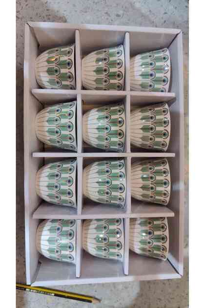 White Ceramic Cawa Cups With Green Feather Design – Cawa Cup Set 12pcs 80cc