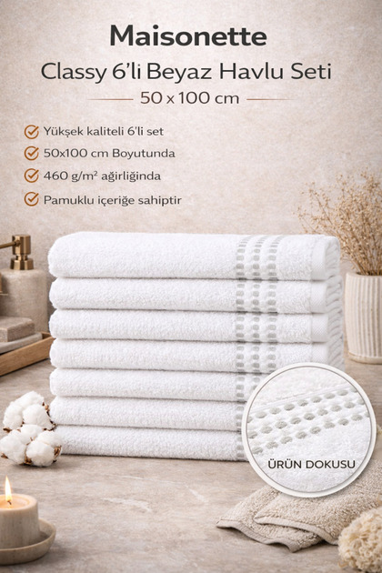 Classy 50x100 cm Pamuk El ve Yüz Havlusu 6’lı Set | Büyük Boy | Yüksek Emici Havlu