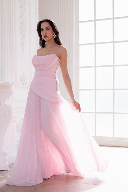 Lafaba Women's Powder Color Slim Fit Corseted Chiffon Scarf Detailed Long Evening  Dress- Trendyol