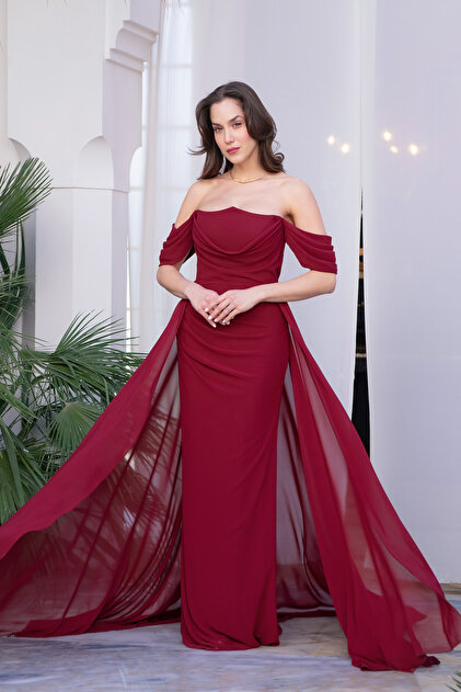 Lafaba Women's Burgundy Boat Neck Tailed Long Chiffon Evening Dress-  Trendyol
