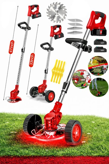 21V Akülü Çim Biçme Makinesi - Şarjlı Ot Kesme Ve Kenar Düzeltme Makinesi + Çift Akülü Set