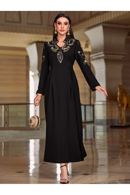 Black Rhinestone Embellished Open Collar Jalabiya