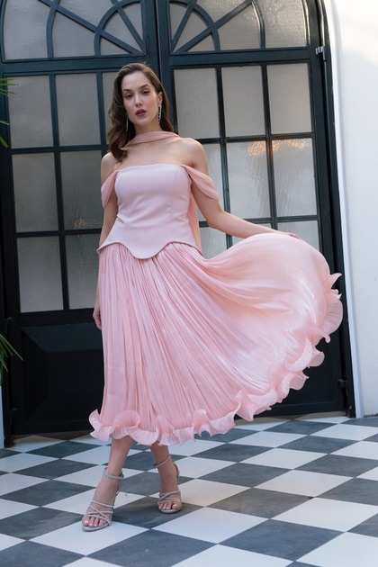 Lafaba Women's Powder Shawl Collar Hemline Ruffled Midi Promise Engagement  Wedding Evening Dress- Trendyol