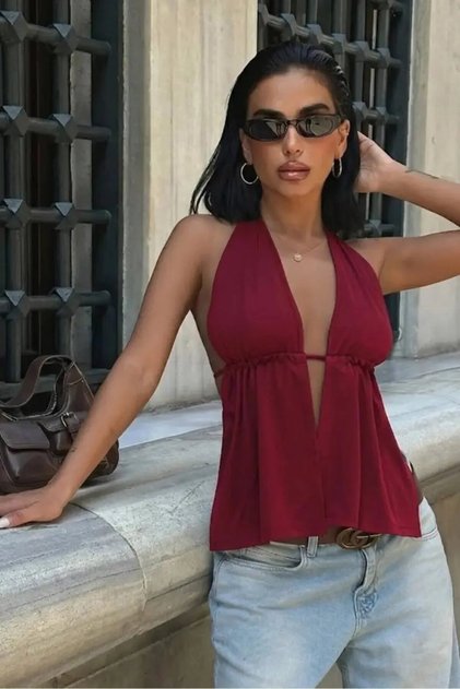 Lace-Up Back Halter Neck Low-Cut Blouse Burgundy