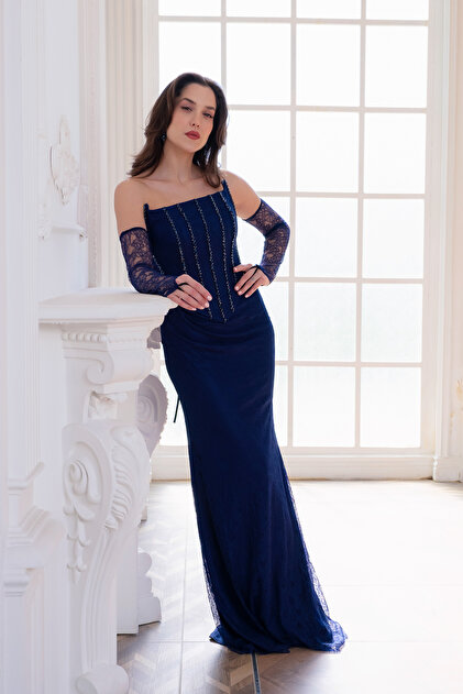 Lafaba Women's Navy Blue Strapless Collar Stone Detailed Lace Long Evening Dress- Trendyol Lafaba Women's Navy Blue Strapless Collar Stone Detailed Lace Long Evening Dress- Trendyol