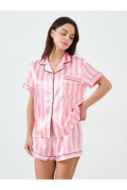 Pink Striped Piping Shirt and Short Set