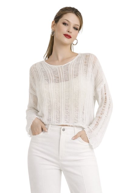 White Lace-Like Knit Tasseled V-Neck Transitional Cotton Pack Women's Knitwear Blouse